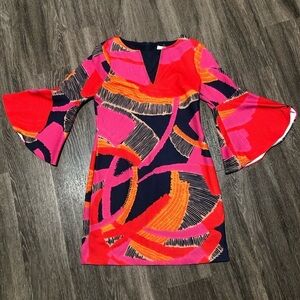 Trina Turk Abstract Print Bell Sleeve Mini Dress Pink Orange Navy Size Small